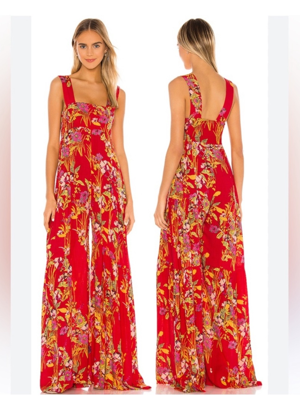 Free People Bright Red Floral Tiered Wide-Leg Jumpsuit